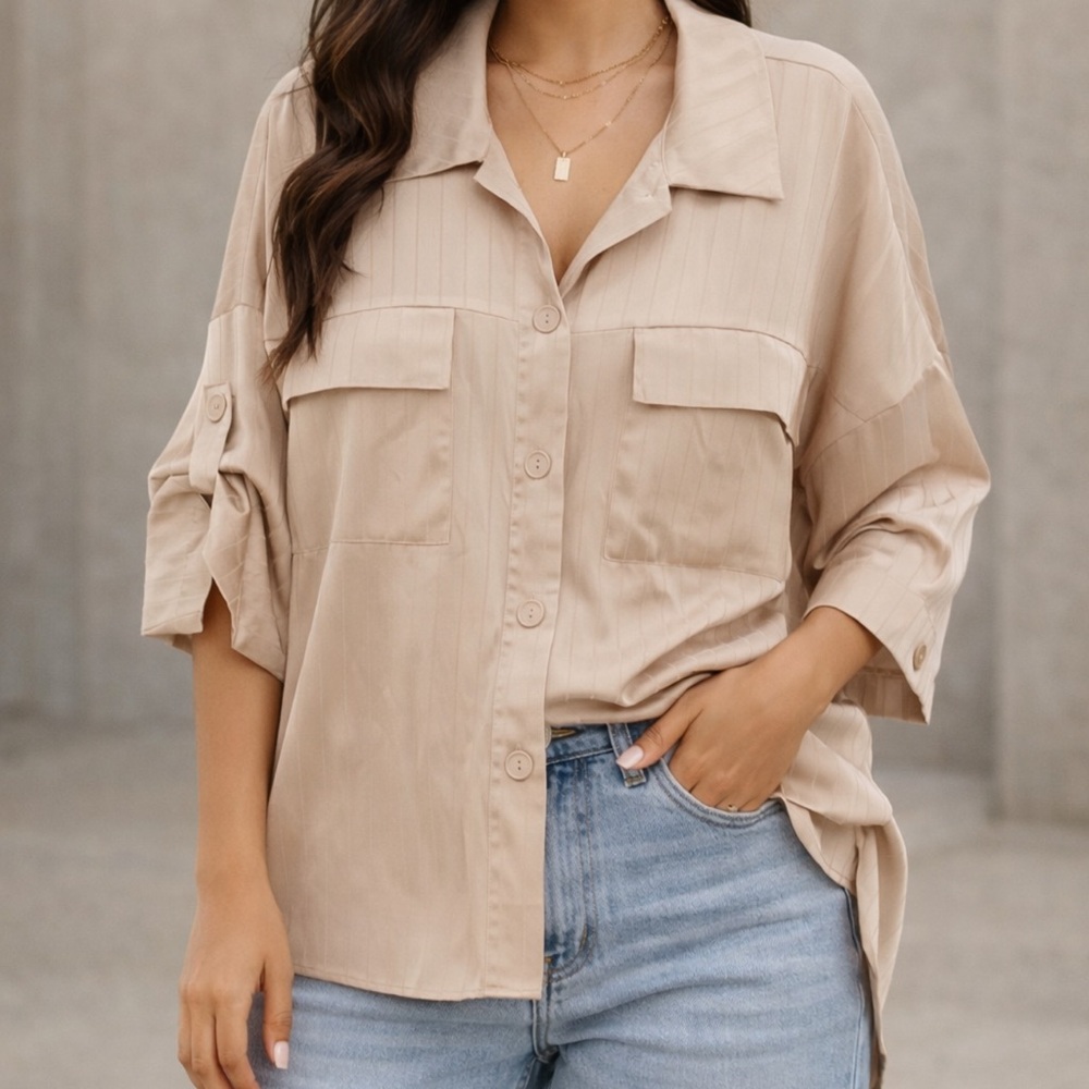 Zara Oversized Beige Button Down Shirt size M Relaxed Fit Minimalist Capsule